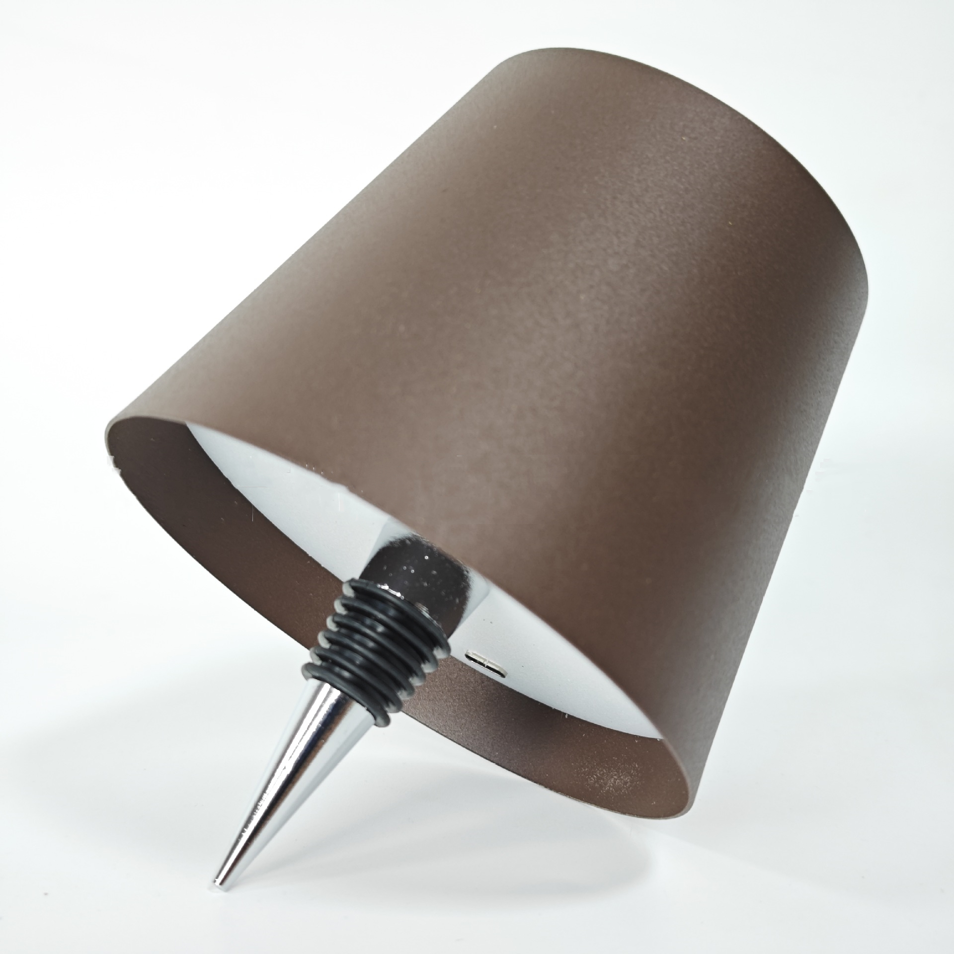 Driftic Glow Bottle Lamp shade in taupe brown, angled view showing charging port