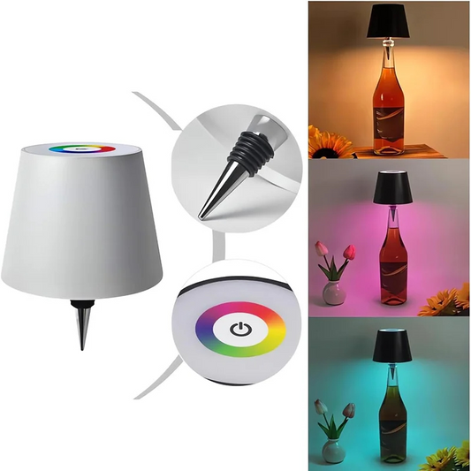 Driftic Glow Bottle Lamp components and lifestyle shots showing color-changing light on wine bottles